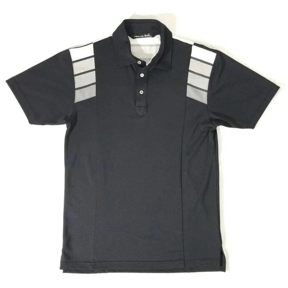 Travis Mathew Polo Shirt Mens S Short Black Short Sleeve Gray Block Shoulders - Picture 1 of 6